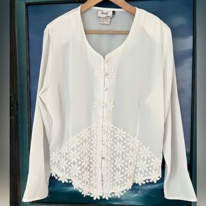 Vintage Rockmans Australia 1980s Cream Ivory Blouse Top Shoulder Pads Embroidery